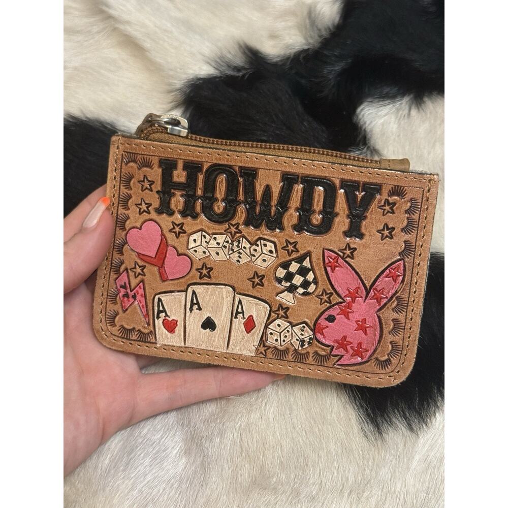 Southwestern Hand Tooled Painted Hide Leather Coin Purse Pill Howdy Playboy Dice